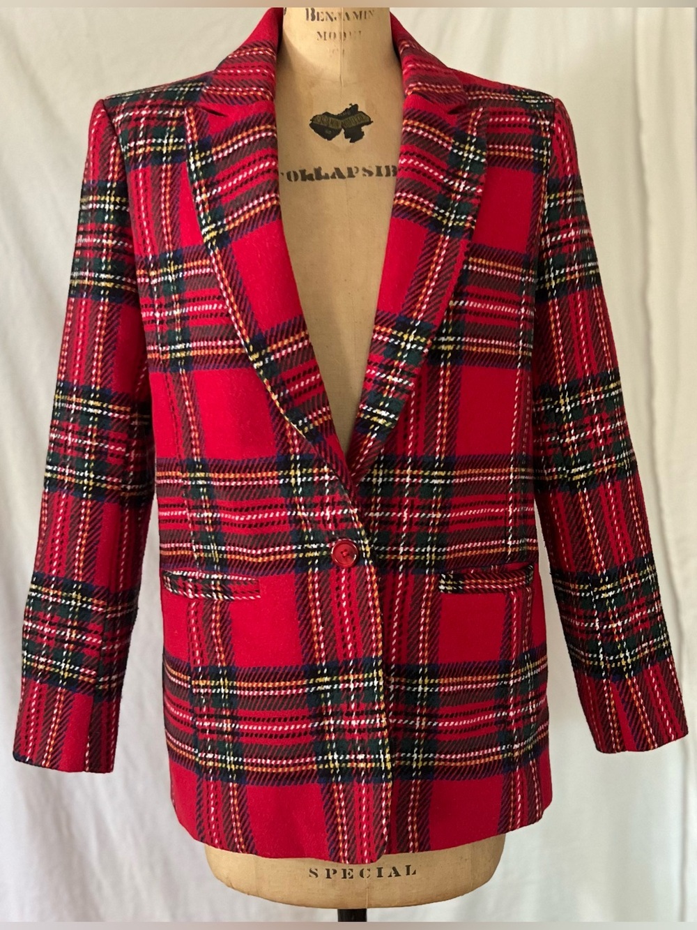 English Factory Tartan Red Plaid Blazer Wool Blend S